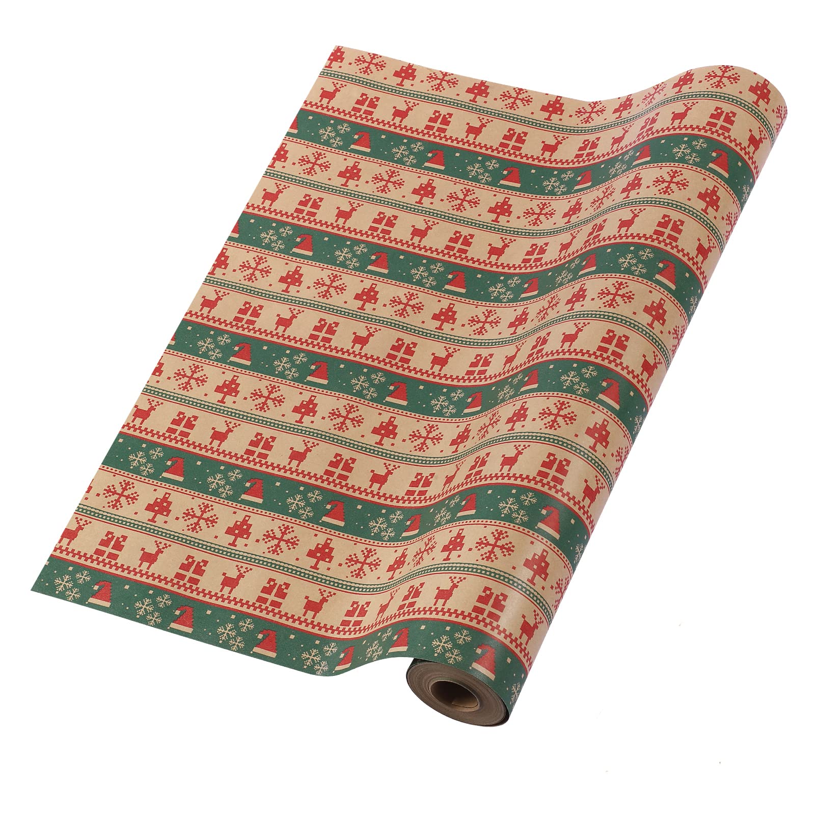 HBell Christmas Wrapping Paper Roll,43cm x 15m Christmas Wrapping Paper,Xmas Kraft Wrap Paper,Santa Hat Elk Wrapping Paper Perfect for Xmas,New Year,Festival,Party Decorations