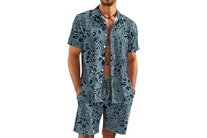 KYKU Mens Hawaiian Shirt and Short Set - Summer Short Sleeve Button Down Beach Shirts Tropical Vacation 2 Piece Outfits