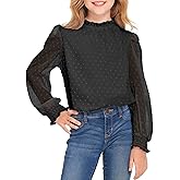 Arshiner Girls Long Sleeve Shirts Chiffon Blouses Swiss Dot Frill Neck Casual Loose Cute Top Tee