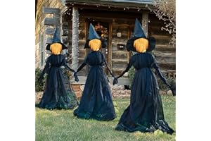 NEROSUN Halloween Decorations, 4 FT Set of 3 Light Up Witches Holding Hands Witches with Stakes, Witch Decorations with Glowing Face for Yard Garden Outdoor Lawn Porch Haunted House Decor