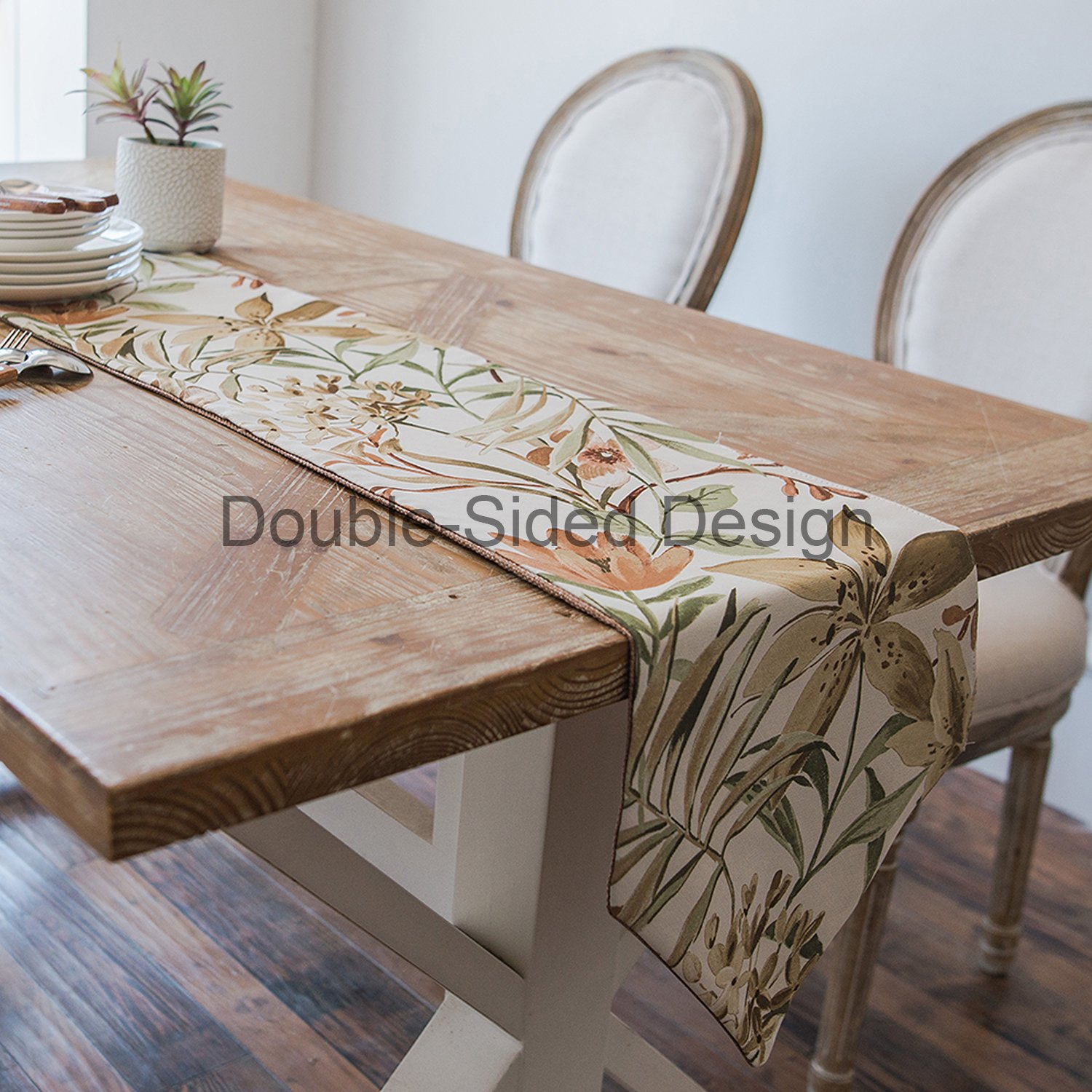 Foulola Folding Table Runner Rug,Burlap Linen,12X104inch, Double Sided Design (Pure Brown and Chinese Painting Style),For Dining, Party, Wedding, Coffee, Home Decoration