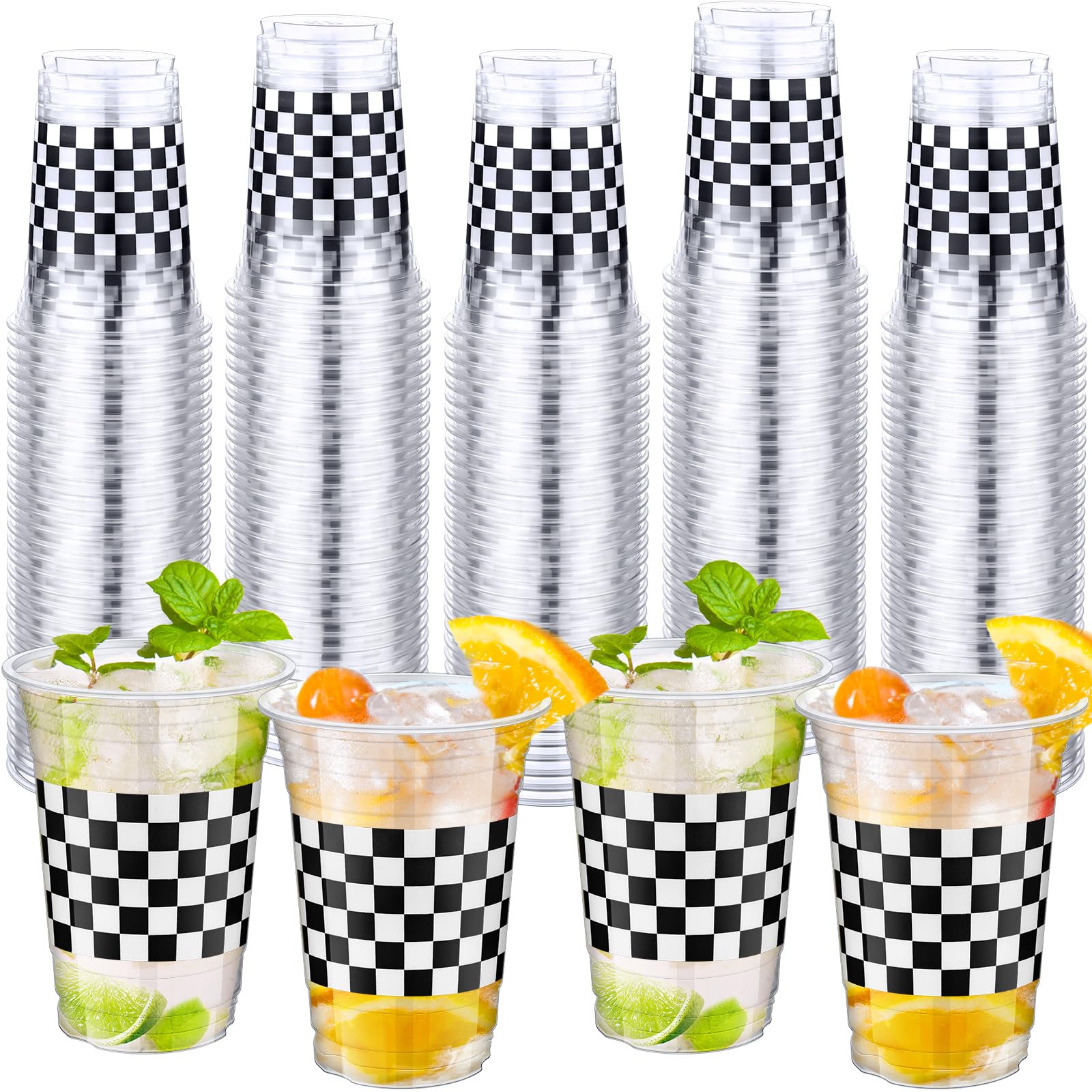 Photo 1 of Tiangrid 100 Pcs Racing Party Plastic Cups Bulk 16 oz Disposable Checkered Cups Black and White Plaid Race Car Checkered Flag Tumblers for Baby Shower Birthday Party Supplies Decorations Favors