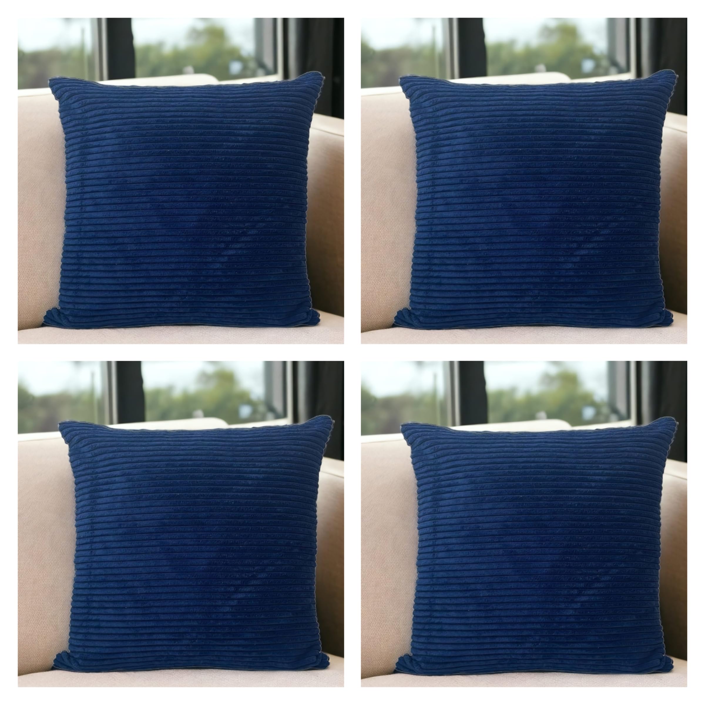 Seechoo Set of 4 - Corduroy Navy Blue Sofa Cushion Covers 45 x 45 cm Decorative Pillows | Soft Ribbed Throw Pillow Covers for Sofa Cushions Couch Bed Living Room Home Decor 18x18
