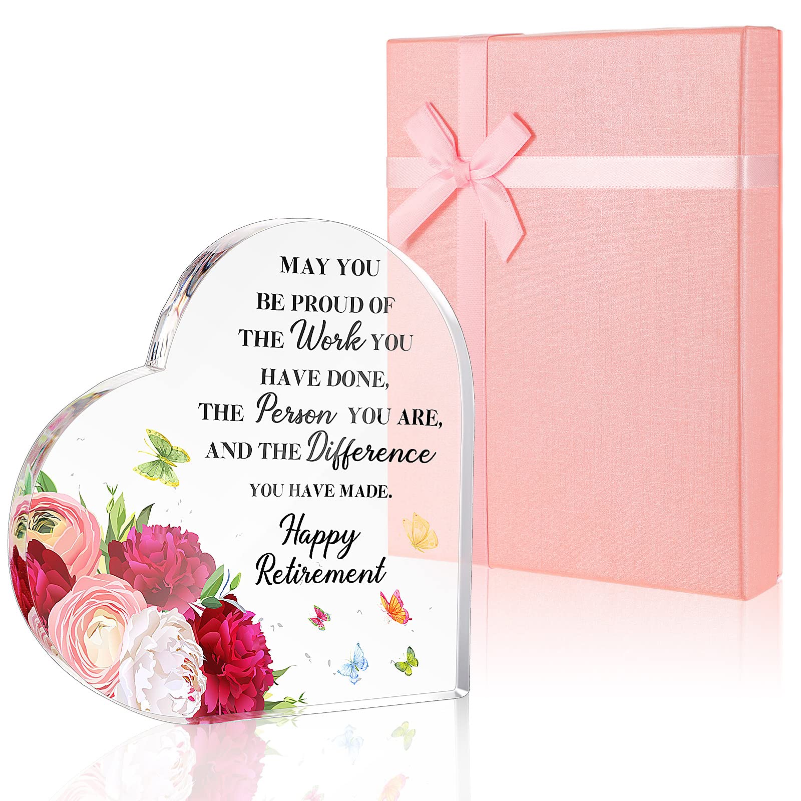Retirement Gifts for Women Thank You Leaving Gifts Heart Shaped Acrylic Plaque with Pink Box and Shredded Tissue Paper for Teachers Nurse Friend Colleagues Coworkers Keepsake Ornaments