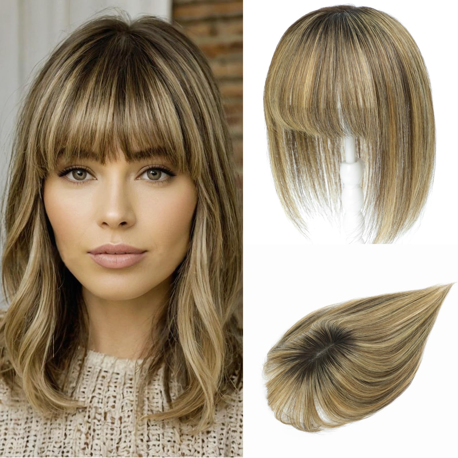 Photo 1 of YAMI Human Hair Toppers for Women with Thinning Hair Topper with Bangs Upgrade Swiss Base 10inch Hairpiecees for Women with Hairloss (Medium Brown Mix Blonde with Dark Brown Root)