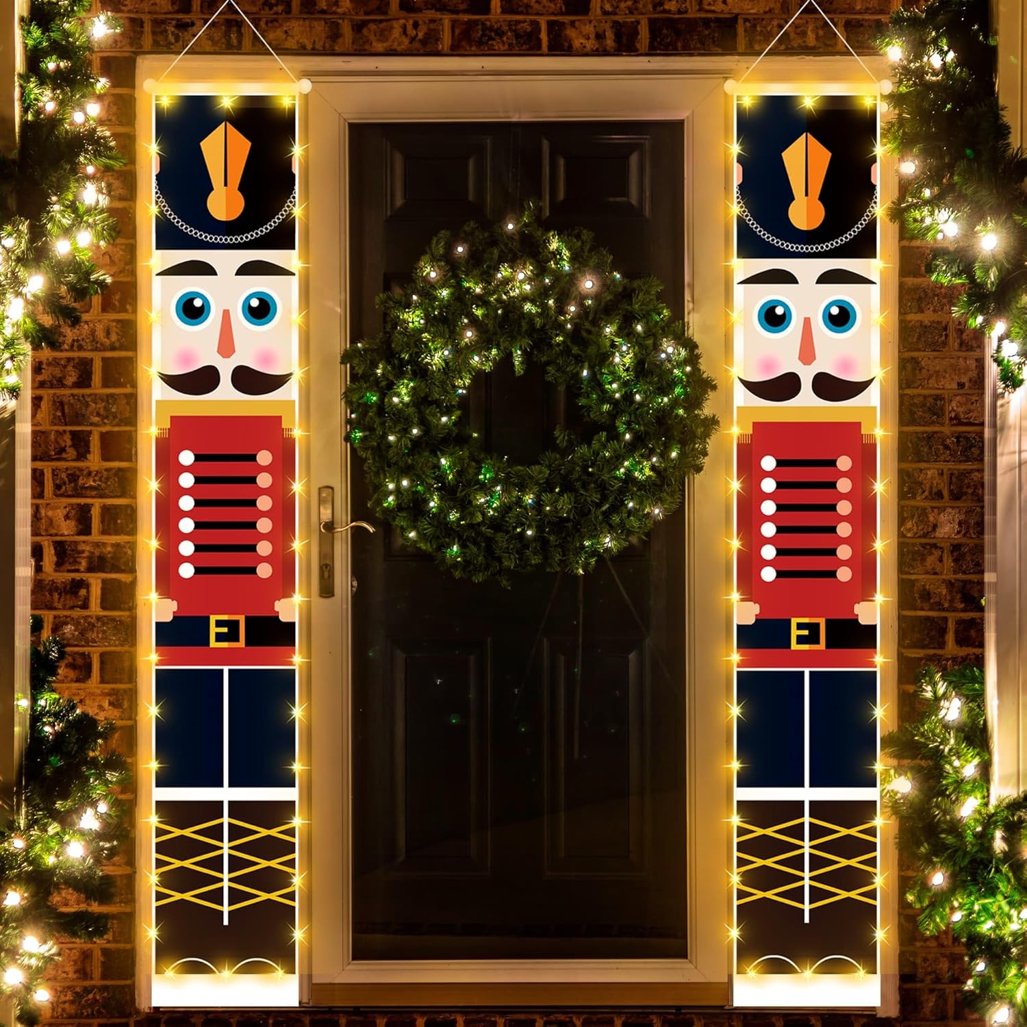 Nutcrackers - Christmas Decorations Banners with String Lights, Nutcracker Xmas Party Decor, Life Size Soldier Model Nutcracker Banners for Outdoor/Indoor Home Front Door, 600D Fabric Porch Sign
