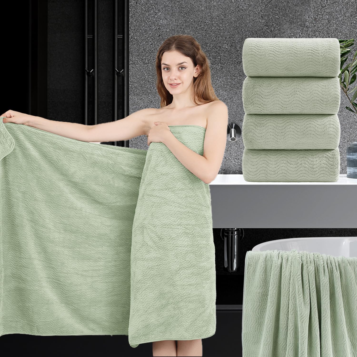 Photo 1 of 4 Piece Extra Large Bath Towel 35"x70" Oversized Bath Sheet Green Bath Towel Set for Bathroom Ultra Soft Cozy Highly Absorbent Quick Dry Bathroom Towel for Spa Gym Hotel,Shower Towel for Daily Use