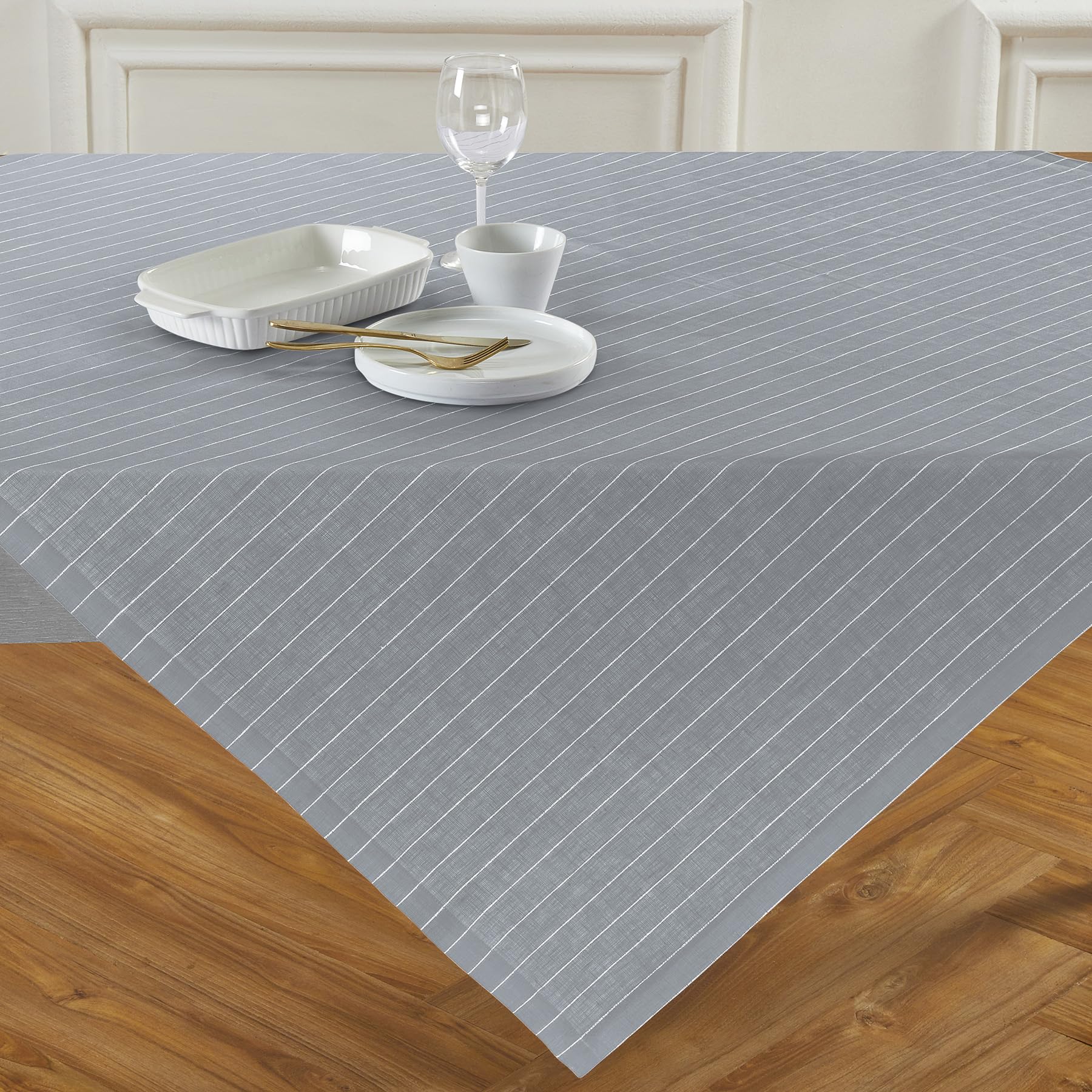 Photo 1 of Solino Home Striped Tablecloth 52 x 52 Inch - 100% Pure Linen Grey and White Square Table Throw - Pinstripe, Machine Washable Fabric Tablecloth for Summer