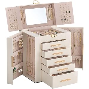 Lolalet Large Jewelry Box, 6-Layer Jewelry Organizer with 5 Drawers -Beige | Huge Jewellery Storage Case for Women Girls, Mir