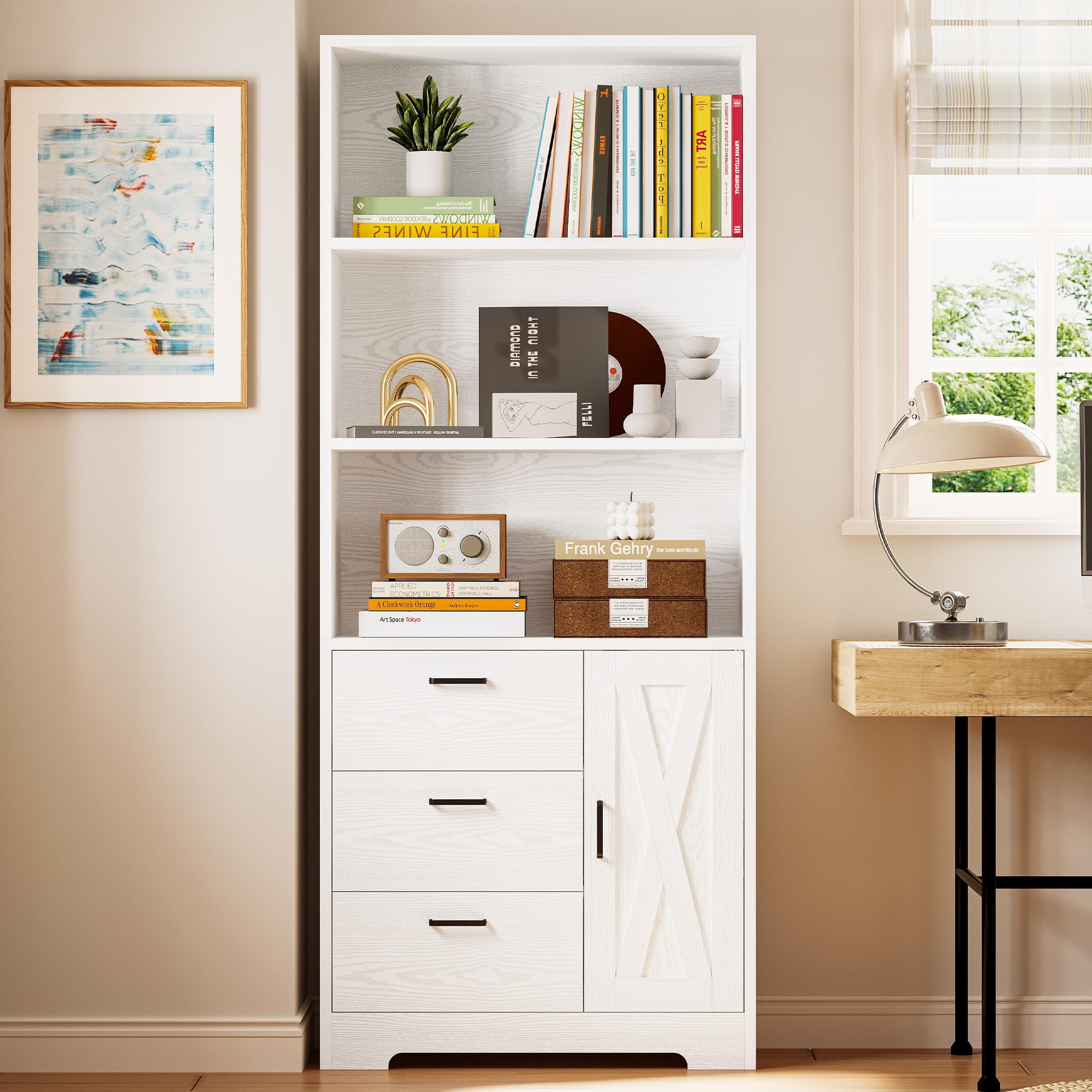 IRONCK Bookshelf with Door and 3 Drawers, 71in Tall