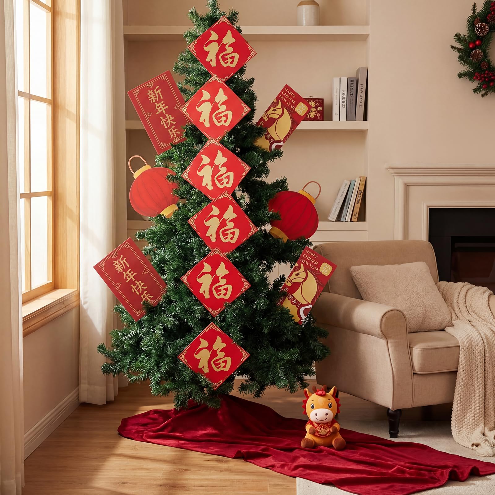 Photo 1 of Yookeer 12 Pcs Chinese New Year Decorations 2026 Large Red Hanging Ornaments Year of The Horse Fu Character Red Paper Lanterns Picks Decorations for Horse Lunar Spring Festival Home Decor