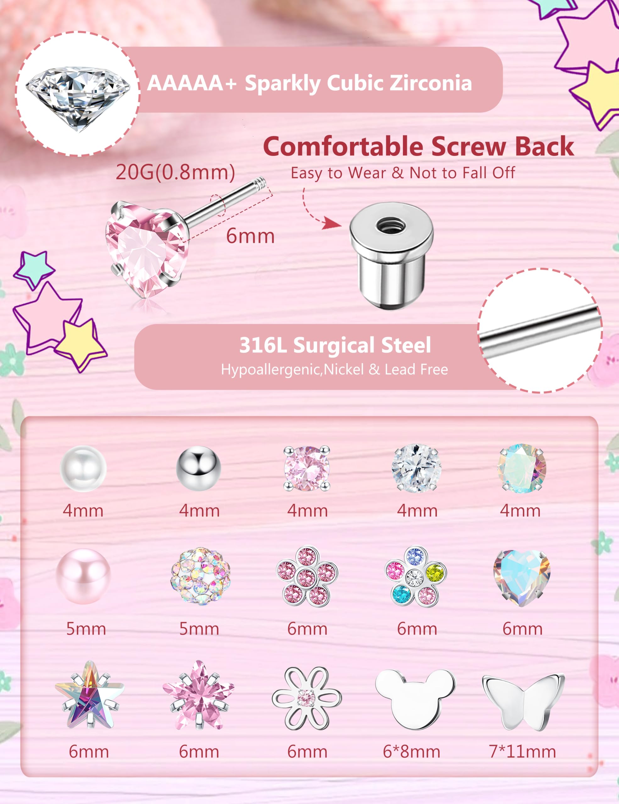 CASSIECA 16 Pairs Hypoallergenic Screw Back Earrings for Women Girls 316L Stainless Steel CZ Ball Heart Flower Screwback Flat Back Stud Earrings Jewelry Gift Women Multicolored Pink