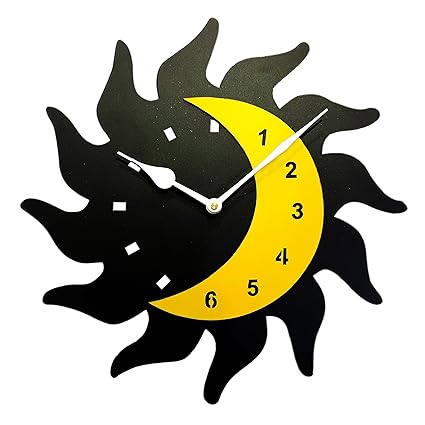 Sehaz Artworks FireMoon Wooden Wall Clock (30 cm x 30 cm x 1.5 cm, Black and Yellow)