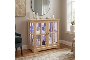 CKEASEAN 32" H LED Antique Curio Cabinet with Smartphone-Controlled, Lighted Glass Display Cabinet - Retro Lattice Door Showcase, Elegant Adjustable Shelves for Living Room (Oak)