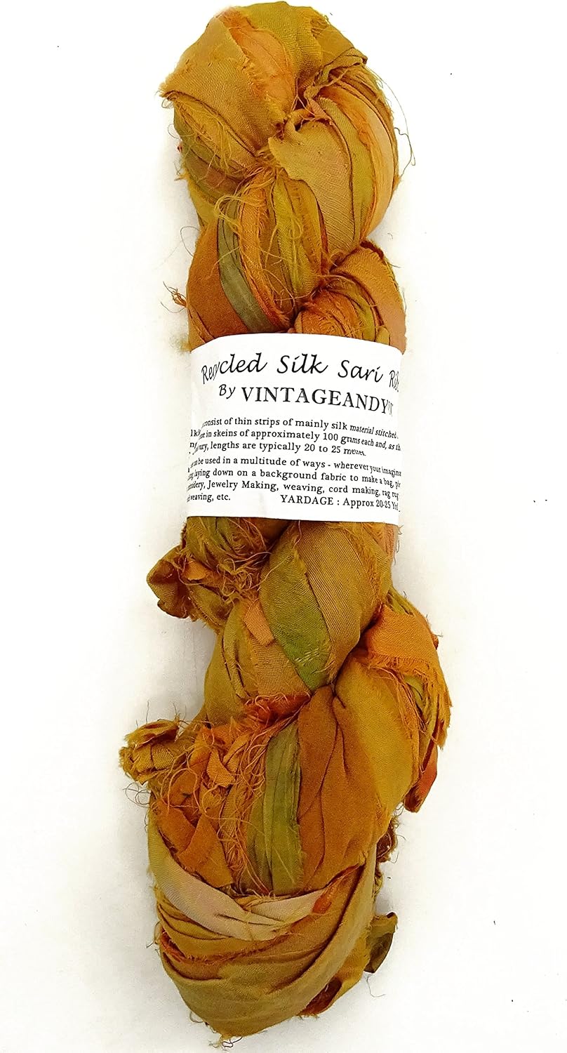 100g Recycled Saree Silk Ribbon for Jewellery Making - Peach Tone Mix, Yellow Mix - Image 3