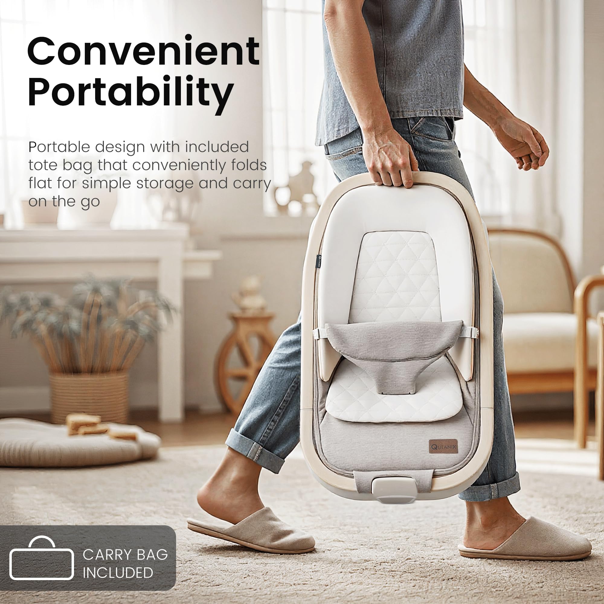 2-in-1 Baby Bouncer & Rocker,Portable Baby Bouncer Seat for Babies 0-9 Months, Baby Rocking Chair with 3 Reclining Positions,Wood Accents,Soft Newborn Insert - Beige