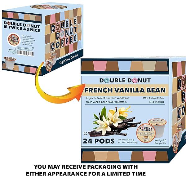 FRENCH VANILLA COFFEE PODS, VANILLA BEAN FLAVORED IN RECYCLABLE SINGLE SERVE VANILLA PODS FOR THE KEURIG K CUPS COFFEE MAKERS, MEDIUM ROAST, FROM DOUBLE DONUT – 24 COUNT