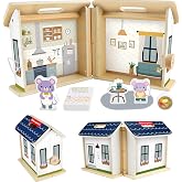 Fisher-Price Wood On-the-Go Play House Preschool Toy | Wooden Dollhouse, 6 Accessories, Portable Playset, Storytelling Play, Kids Ages 3+ Years