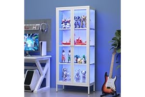 SteeLoong 66 Inch Tall Glass Display Cabinet with 3 Color Lights,White Storage Cabinets with Adjustable Shelves, Metal Curio Cabinet for Collectibles