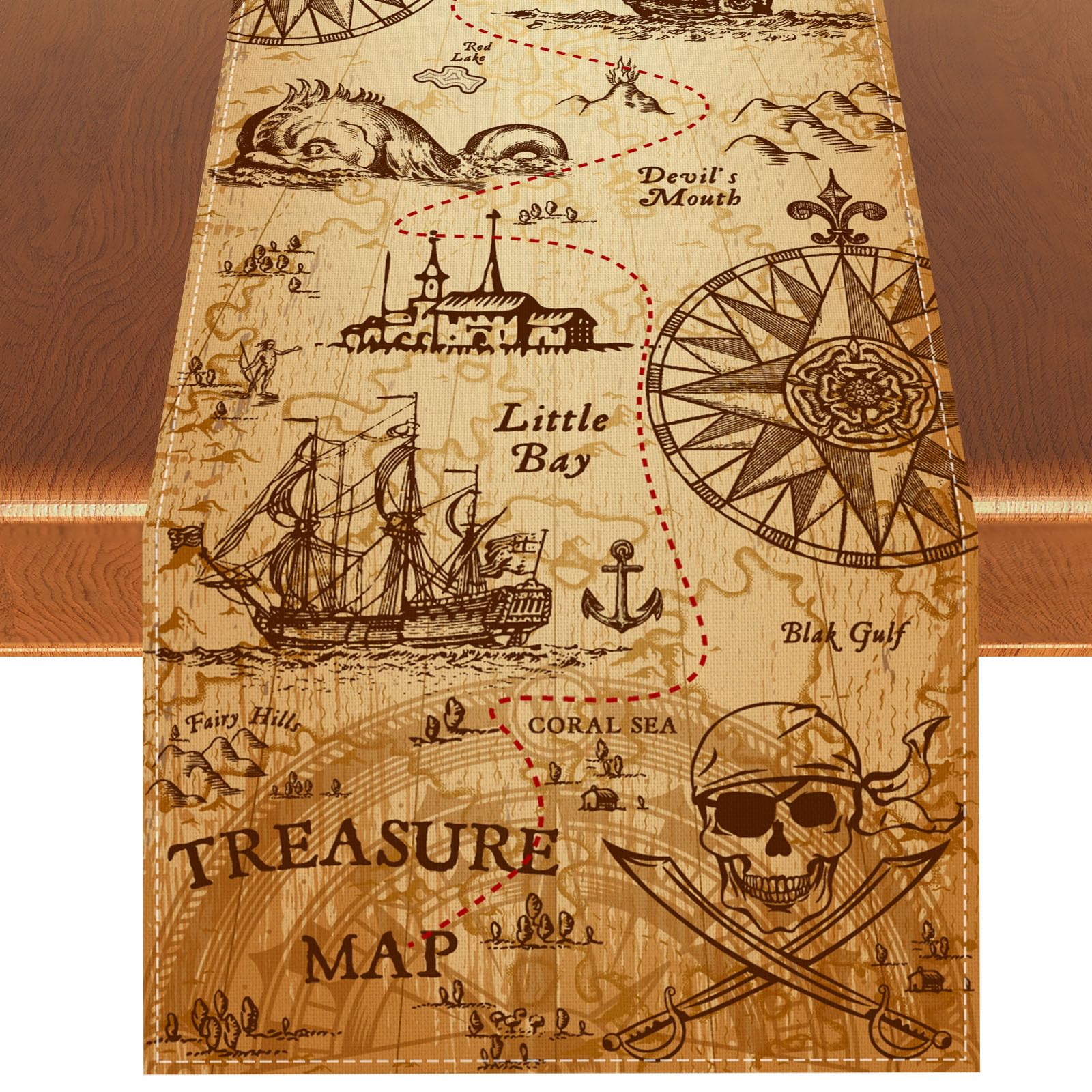 Photo 1 of Pirate Table Runner and Tablecloth - Indiana Jones Party Decor - Treasure Table Covers - Decorations and Supplies for Home Party - 1372''