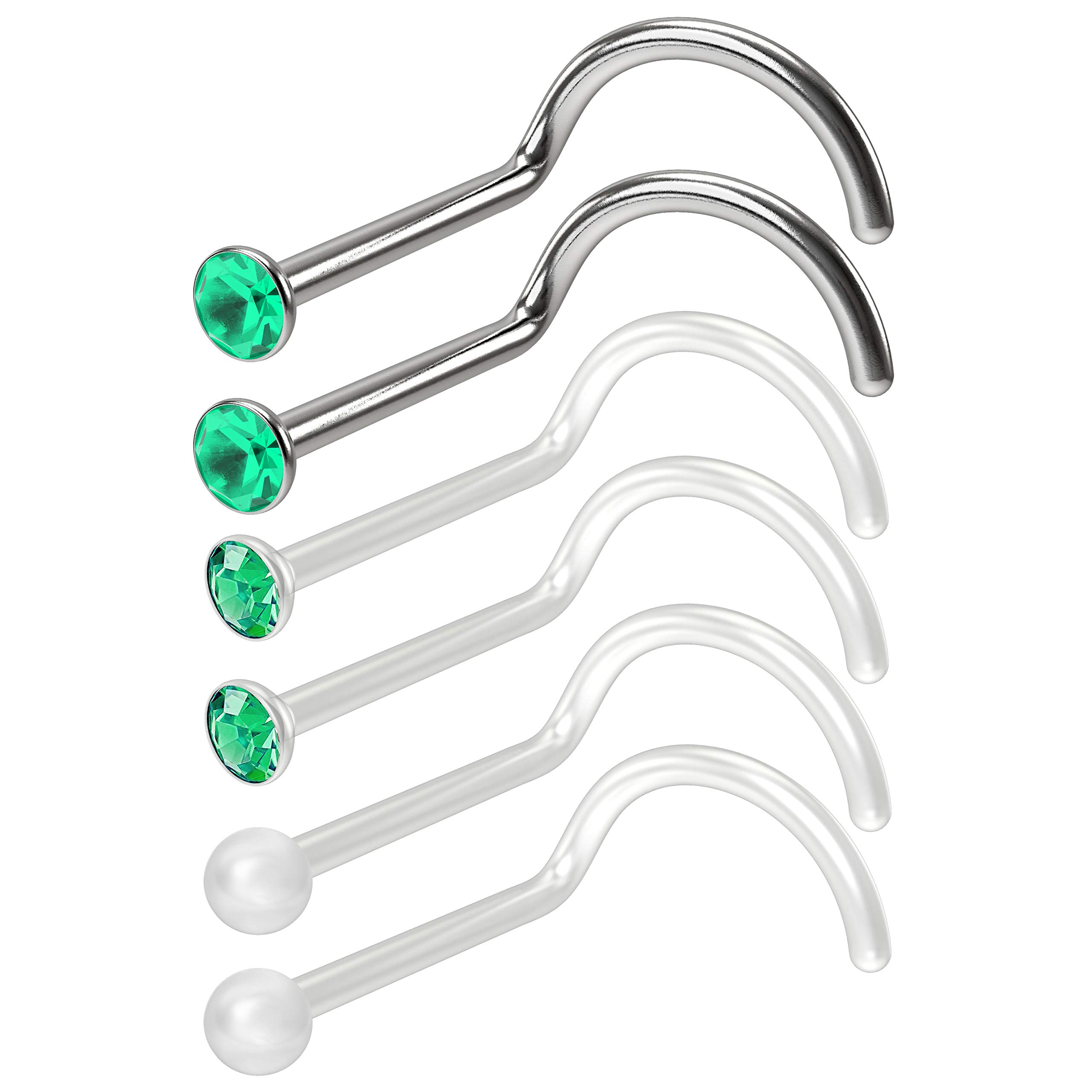 Bling Piercing 6pc 0.8mm 20g 0.8mm Small Nose Scew Rings Bioflex & 316LVM Surgical Steel Studs 2.5mm CZ Emerald Clear Invisible Retainer Keeper