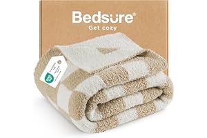 Bedsure Throw Blanket for Couch Bed Sofa - Super Soft, Beige, Checkered Throw Blanket, GentleSoft, Fluffy, Cozy, Santa Gifts for Women, 50x60 Inches