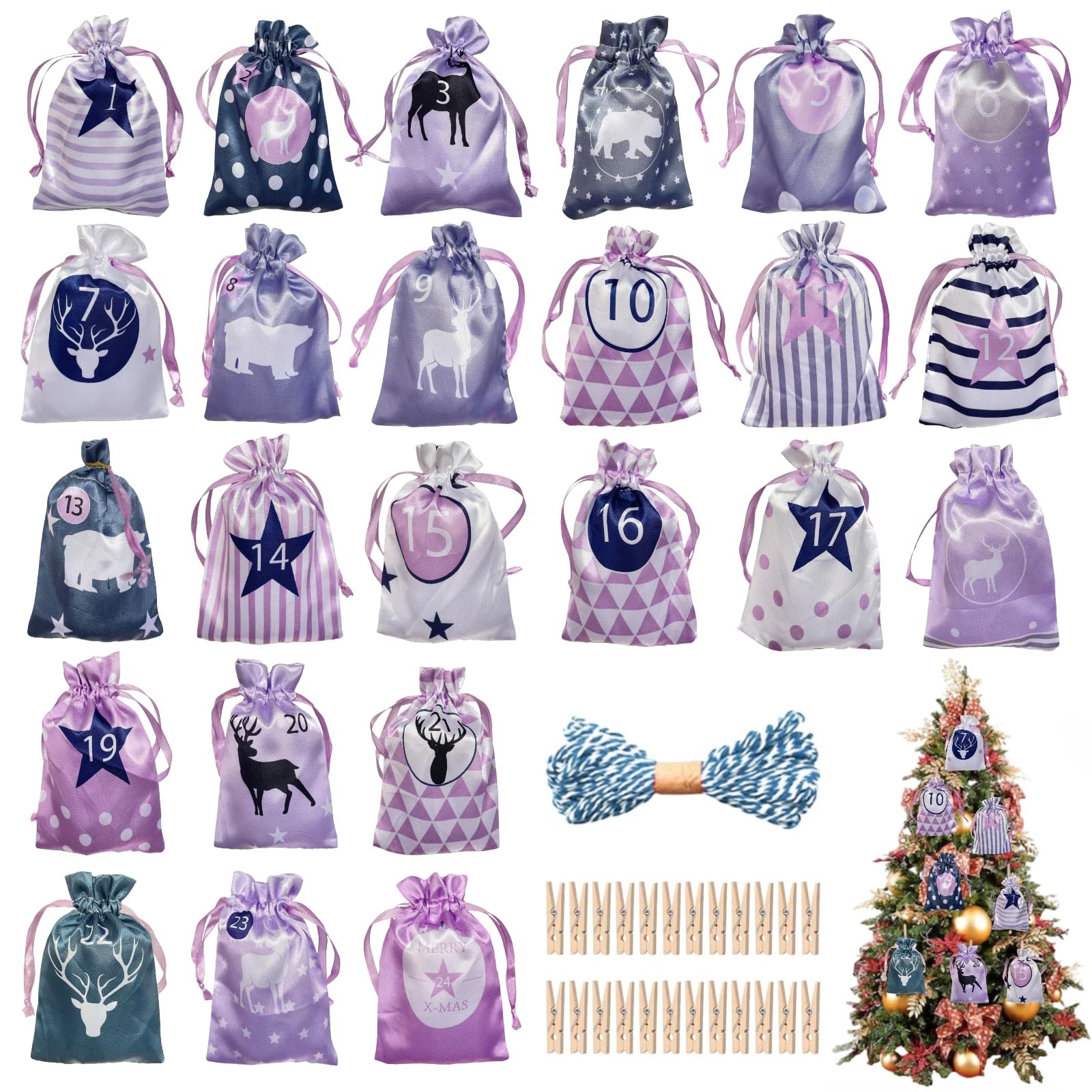 Christmas Advent Calendar Bags, 24 Days Countdown Burlap bags Hanging Advent Calendar Gift Favors for Xmas Decorations (Purple)