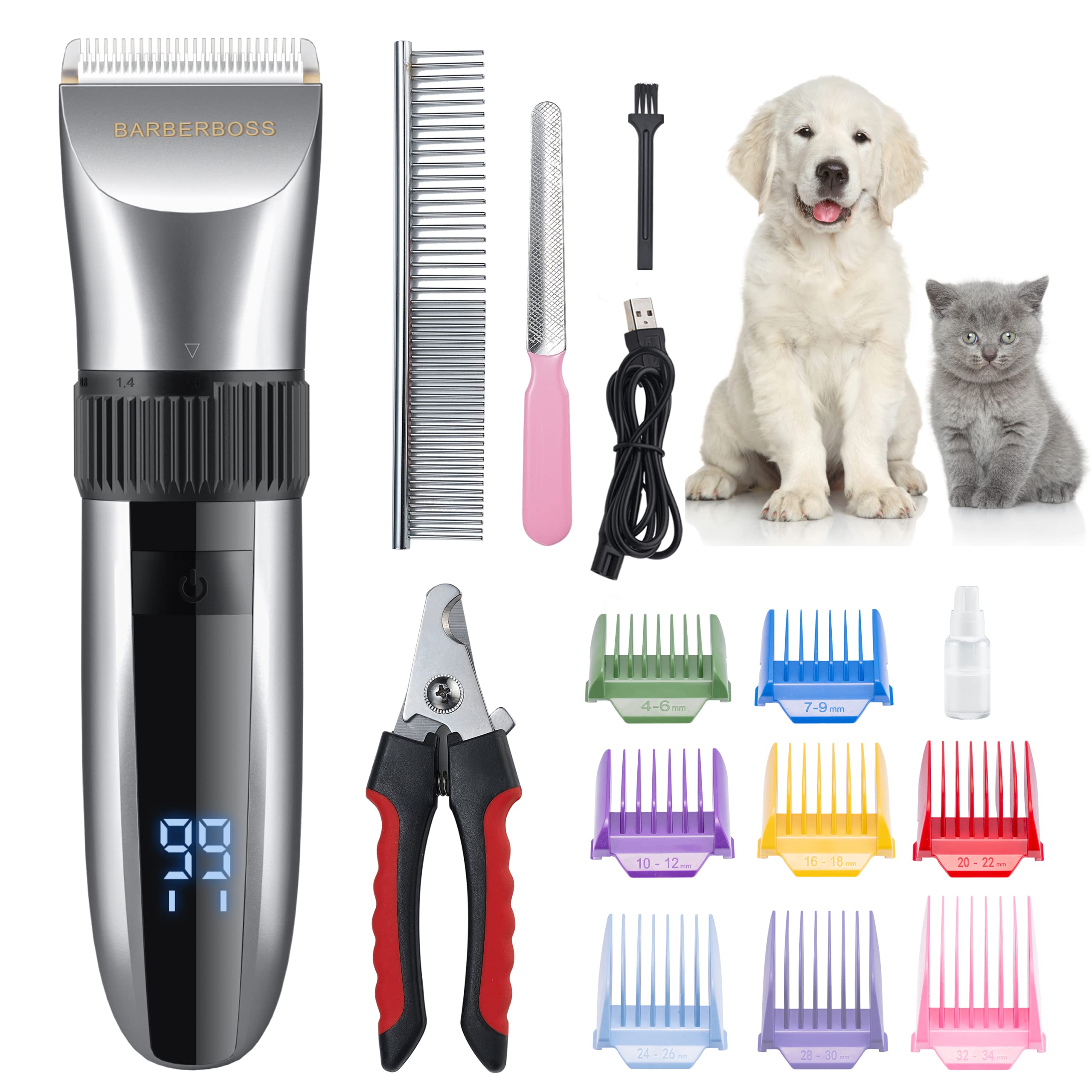 BarberBoss Cordless Dog Grooming Clipper - Waterproof, Ceramic Blades, LED Display, Fast Charging, Electric Pet Clippers for Dogs & Cats, Pets Hair Trimmer, QR-9082