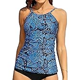 ANFILIA Womens Tankini Tops High Neck Bathing Suit Tops Slim Fit Ruched Swim Tops Only UPF50+