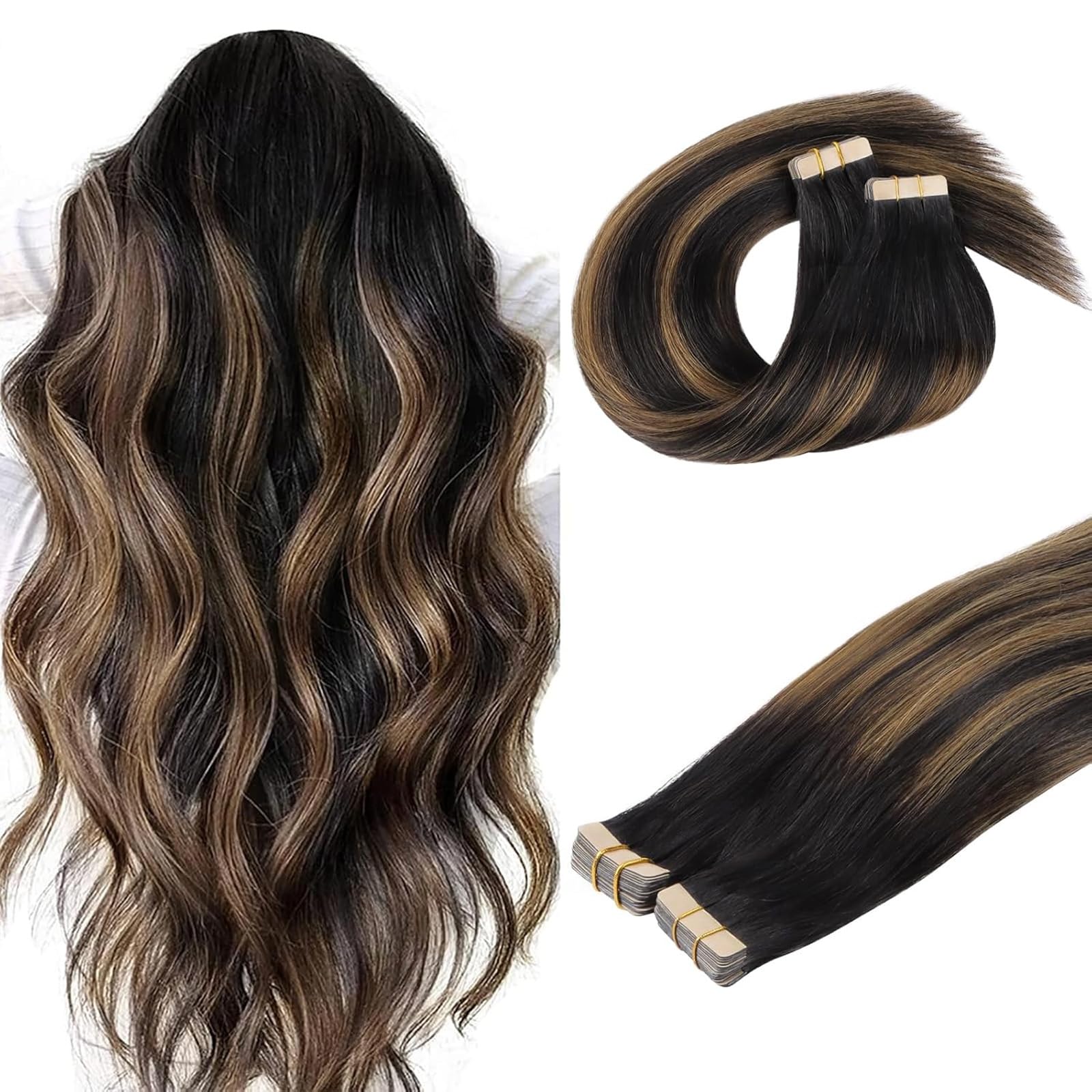 DOORES Human Hair Extensions, Balayage Natural Black to Chestnut Brown 22 Inch Real Tape in Hair Extensions Seamless Straight 100g 40pcs Seamless Tape in — image 1