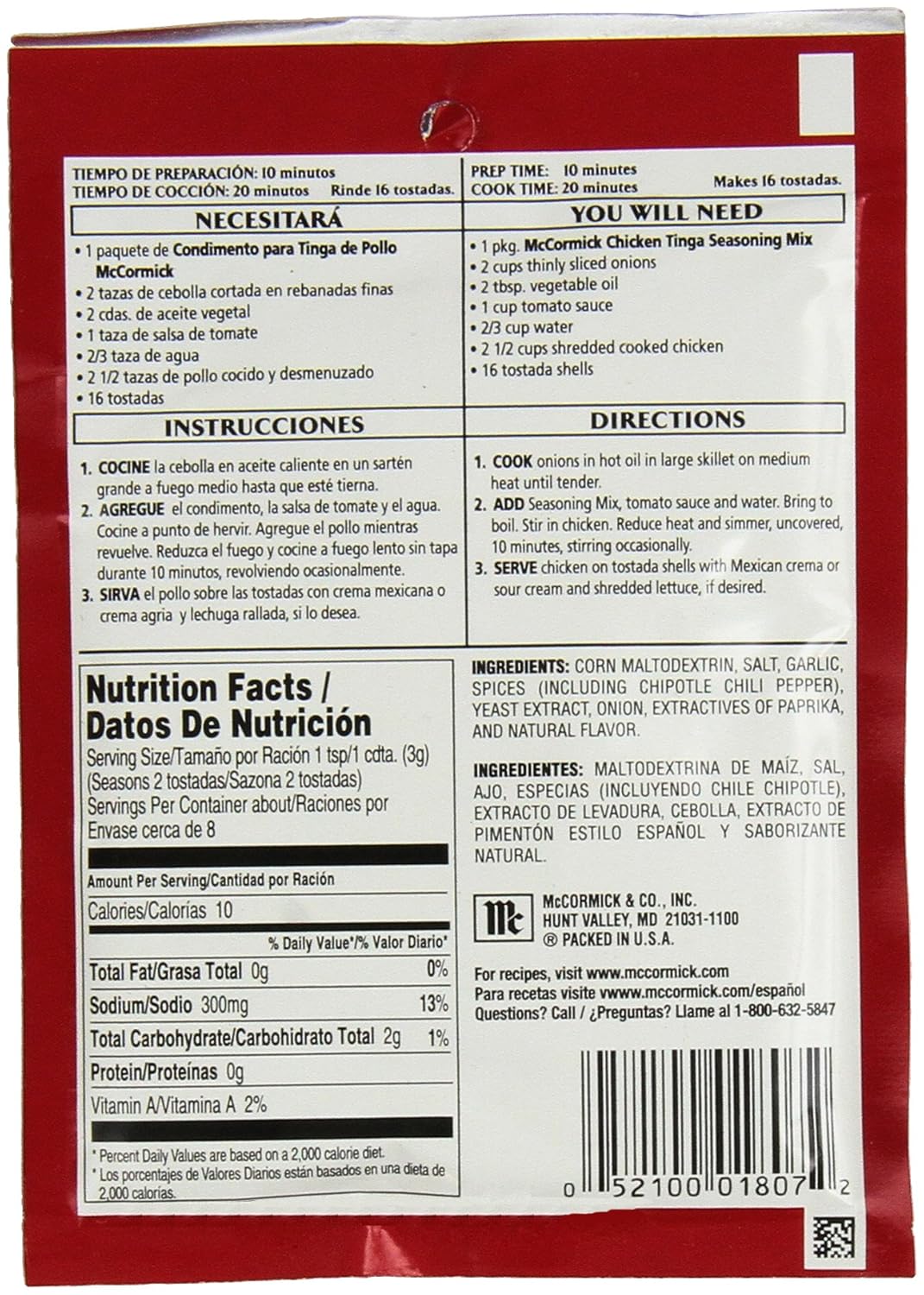 Amazon.com : McCormick Chicken Tinga Seasoning Mix, .87 OZ (Pack of ...