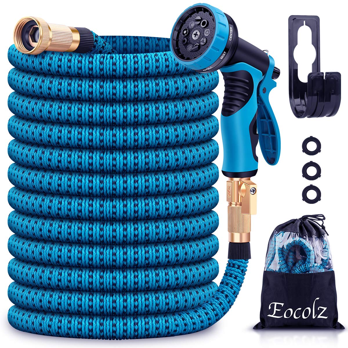 Eocolz Garden Hose 25ft +5ft Expandable Water Hose with 9 Function Spray Nozzle Leakproof Lightweight No-Kink Durable Flexible Hose with 3/4 Solid Brass Fittings Extra Strength for Watering Washing