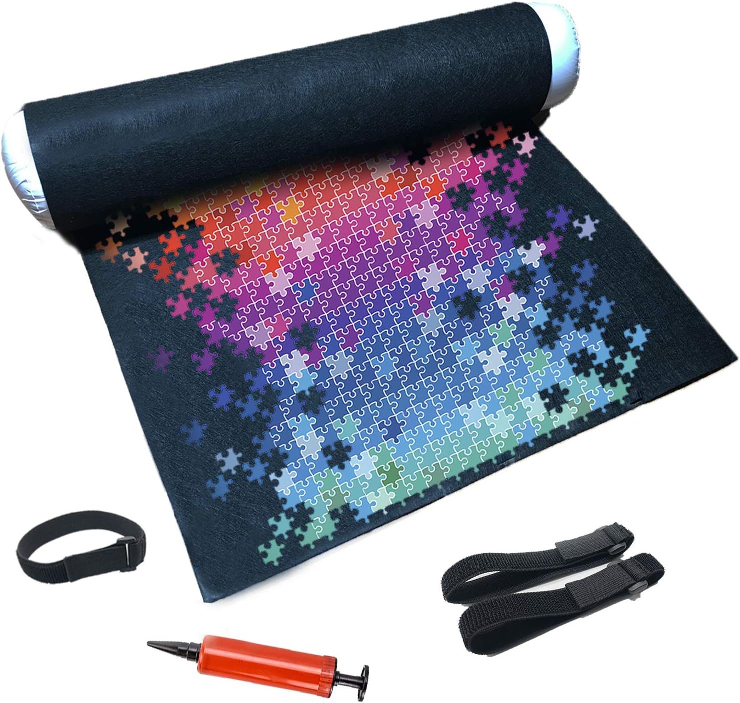 Tunery Puzzle Roll Up Mat - Puzzle Storage and Jigsaw Puzzle Mat Roll Up to 1500 Pieces, Inflatable Tube, and 3 Elastic Fasteners, Mini Pump, 46" x 26" Felt Mat