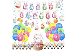 erichbow 67 Pcs Happy Easter Party Decorations,with Latex Balloons & Hanging Swirls，Cupcake Toppers，Easter Egg Bunny Banner for Rabbit Themed Girl Birthday Party Supplies Easter Party Ornaments