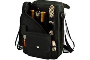 Picnic at Ascot - Wine Carrier Deluxe with Glass Wine Glasses and Accessories for Two, Black/Plaid