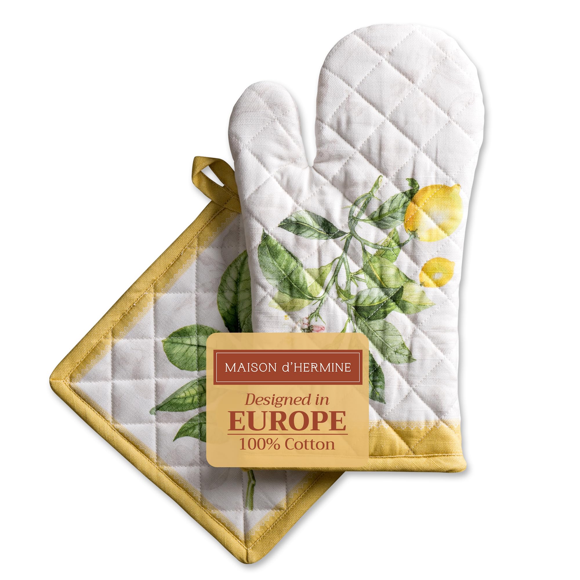 Maison d' Hermine 100% Cotton Oven Mitt & Pot Holder Set (19 x 33 cm & 20 x 20 cm) Heat Resistant BBQ Cooking Gloves with Loop for Baking Handling Hot Pans Gifts for Mothers Day (Limoncello)