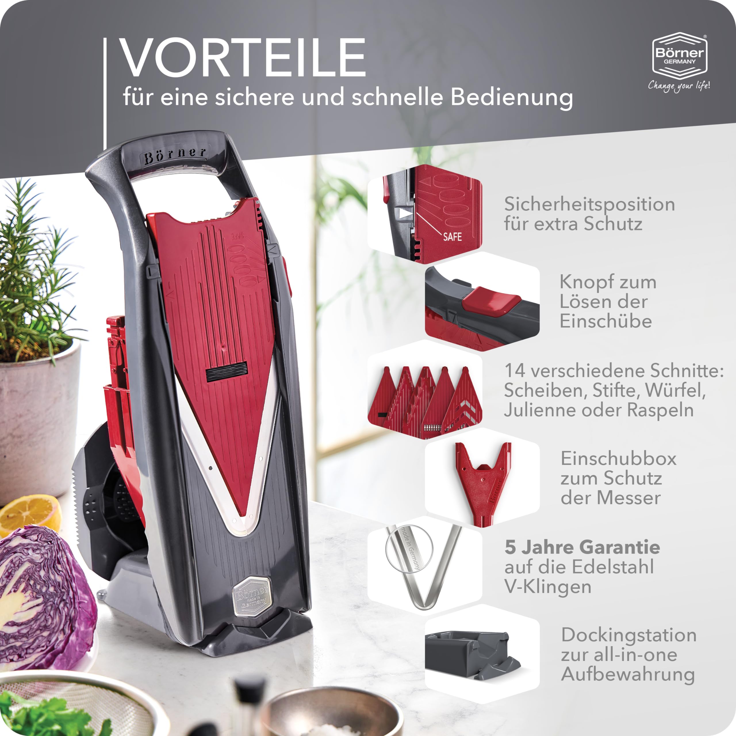 Börner Gemüsehobel Vital (Profi Set) • 12 Schnittarten • Gemüseschneider Edelstahl • Mandoline mit Dressing-Funktion • V-Hobel für Scheiben, Julienne Streifen, Würfel & Gemüsespaghetti 5