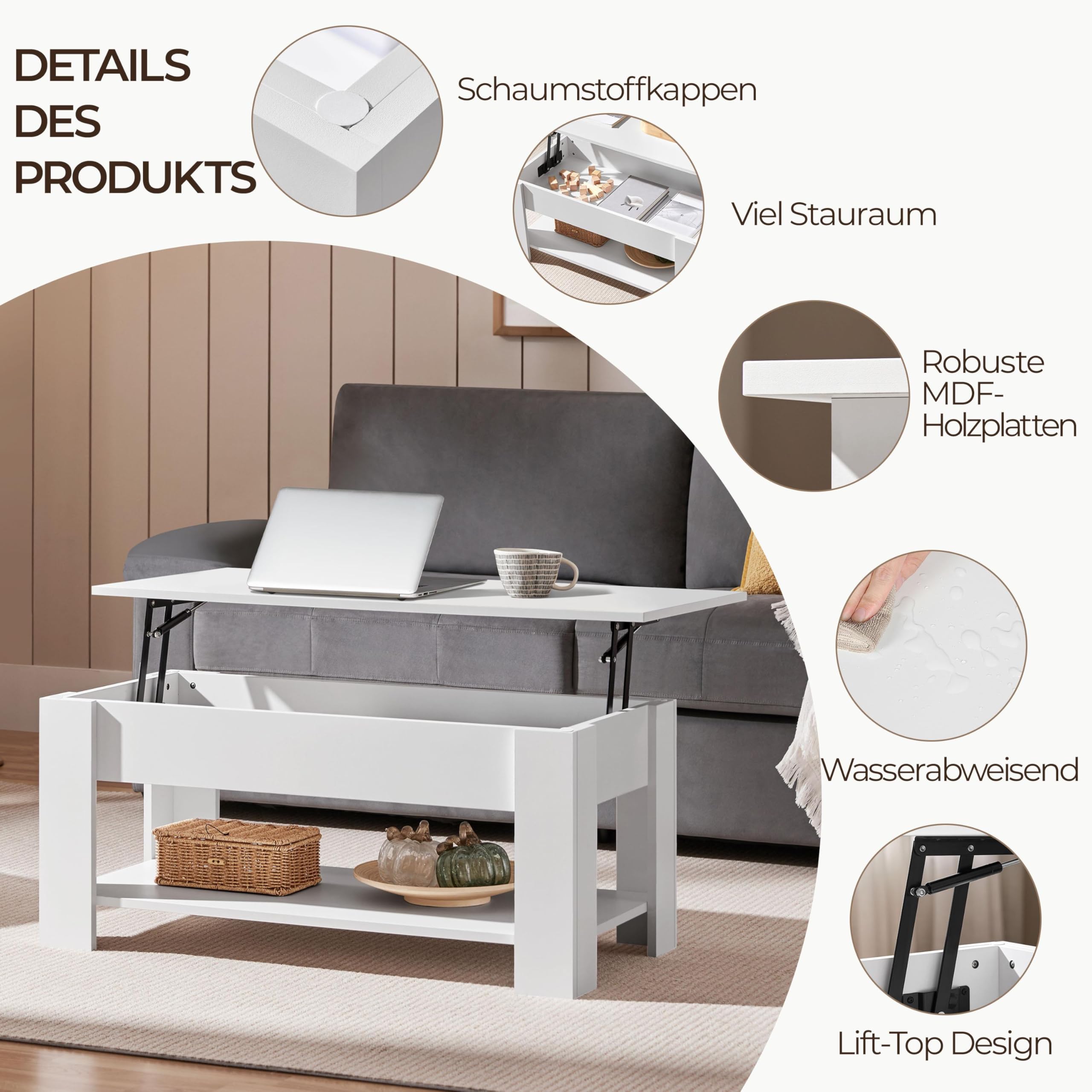 Yaheetech Couchtisch mit Höhenverstellbarer Platte Kaffeetisch ausziehbarer Wohnzimmertisch Sofatisch für Wohnzimmer, Büro, weiß 6