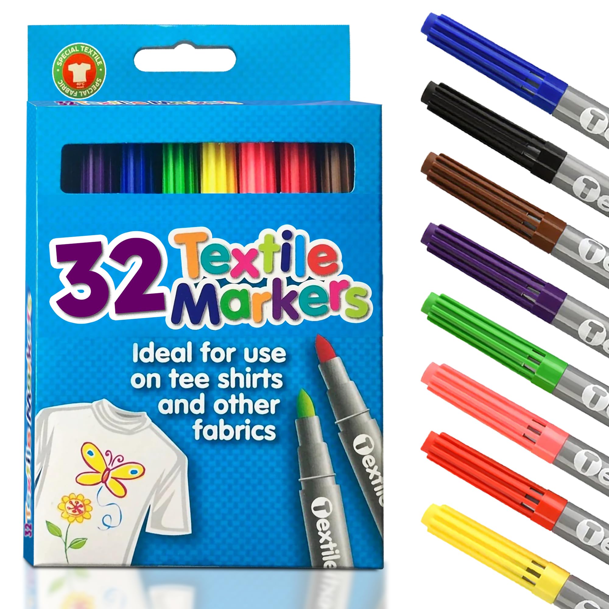 G4GADGET 32 x Quality Colored Fabric Markers T Shirt Pens Fabric Pens Marker Pen Textile Markers 4.8mm Bullet Tips