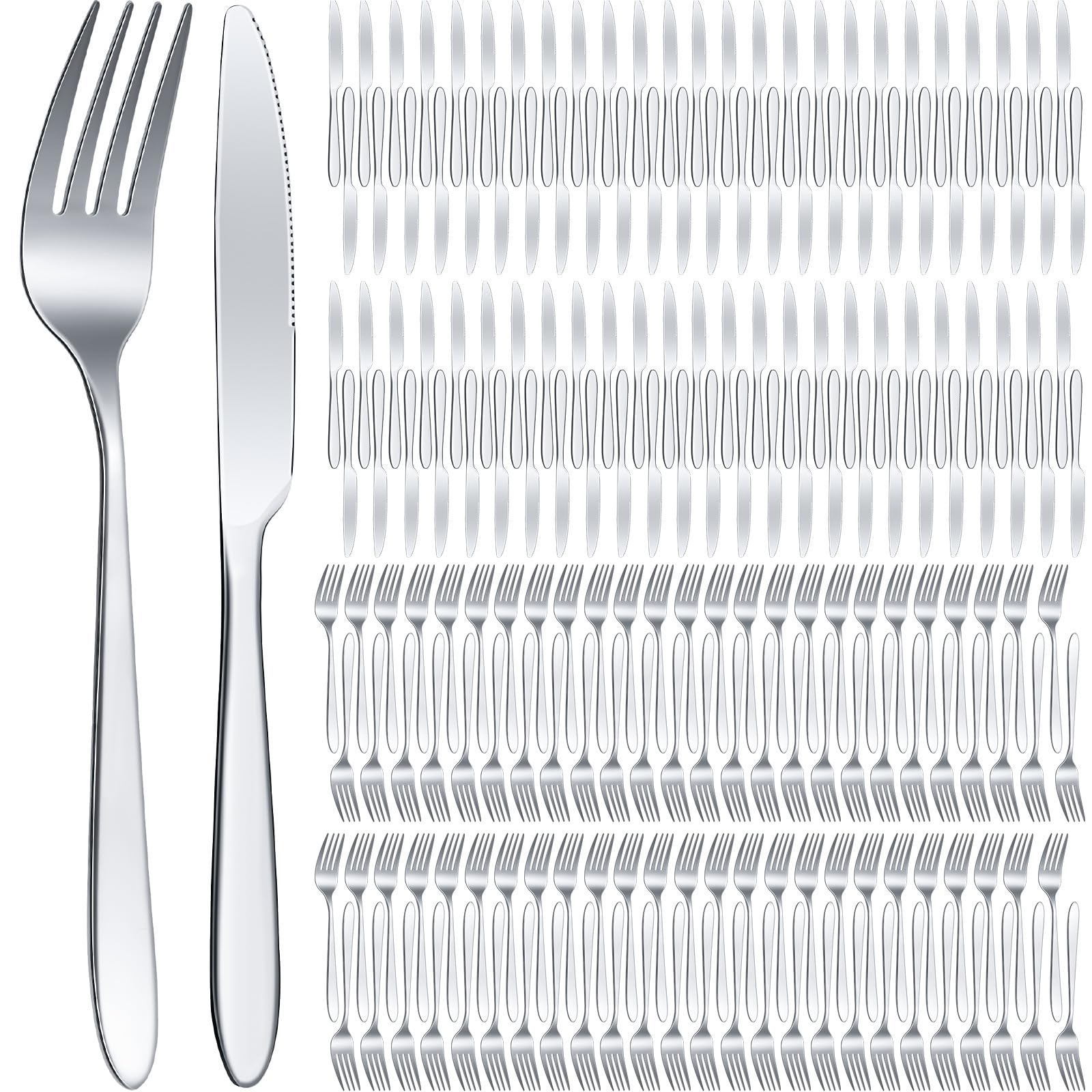 Photo 1 of Nuenen 150 Pcs Stainless Steel Set Include 75 Dinner Forks and 75 Knives, Metal Steak Knives Forks Flatware Tableware Cutlery Set for Home Restaurant Hotel, Mirror Polished, Dishwasher Safe (Silver)