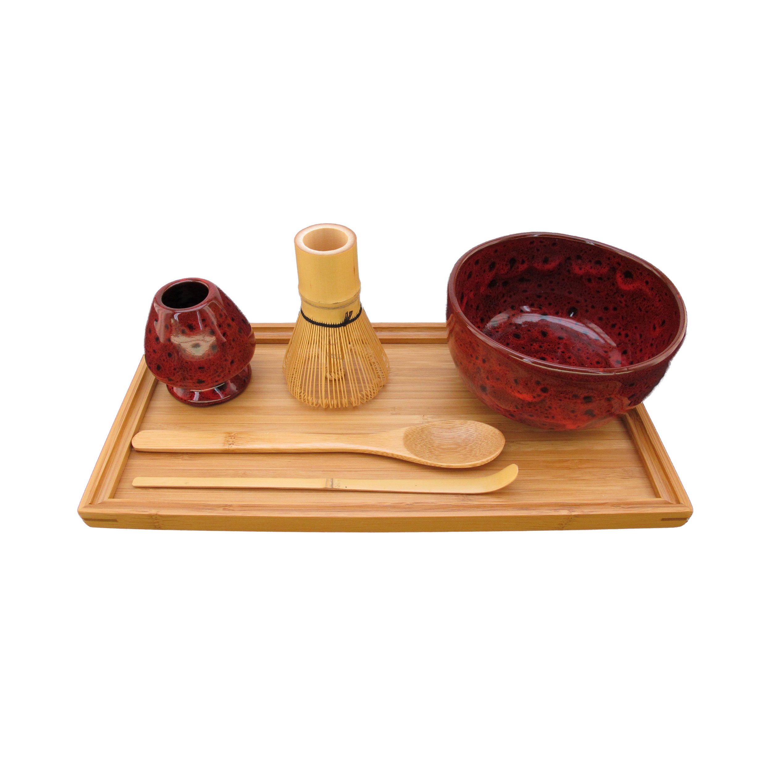BambooMN Brand - Matcha Bowl Set (Includes Bowl, Rest,Tea Whisk, Chasaku, Tea Spoon & Tray) 1 Set Deep Red w/Black