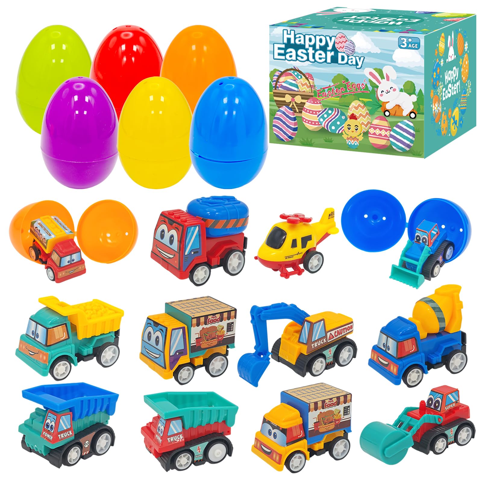 AngKng 12PCS Prefilled Easter Eggs with Pullback Construction Truck Toys, Plastic Eggs with Engineering Vehicles, Basket Fillers Egg Hunts for Kids, Classroom Party Favor for Boys