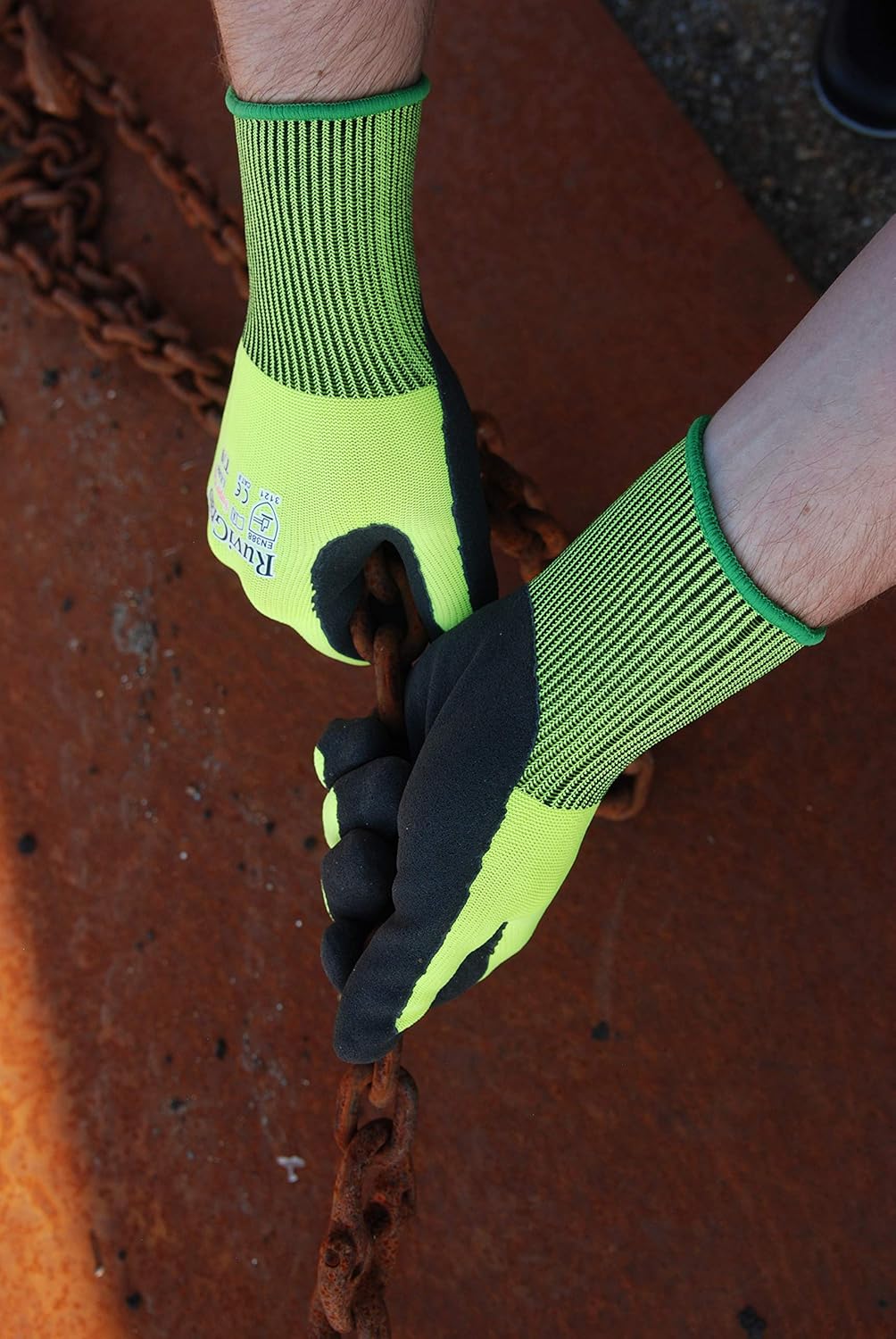 Ruvigrab Gloves Nylon Natural Latex Coated Sandy Finish, Fluo/Black, 9 - Image 3