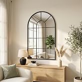 48x28Inch Arched Window Pane Mirror| Black Arched Mirrors for Wall &amp; Floor | Arch Mirror Full Length for Entryway Living Room &amp; Bedroom | Oversized Mirrors | Wall Art Decorative |Farmhouse D&eacute;cor