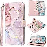 Fingic for iPhone 17 Case Wallet Case for Women Girls[with 9 Card Holders] Marble Rose Gold PU Leather with Detachable Wrist Strap Fullbody Slim Shockproof Flip Phone Case for iPhone 17,6.3 inch,2025
