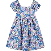 Noomelfish Girls Short Sleeve Floral Dress Casual Flower Printed Smocked Dresses (2-12 Years)