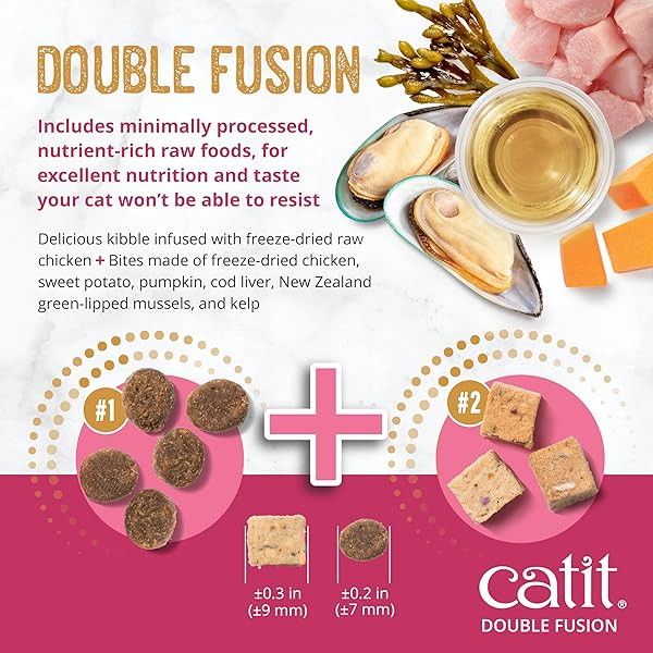 CATIT RECIPES DOUBLE FUSION KITTEN FOOD – CHICKEN RECIPE, 96% ANIMAL PROTEIN, FREEZE-DRIED RAW TOPPINGS, NO BY-PRODUCTS, HIGH-NUTRIENT WET & DRY BLEND FOR HEALTHY GROWTH, 4 LB