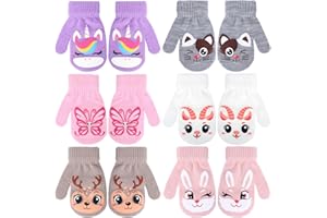 QKURT 6 Pairs Kids Winter Gloves, Toddler Magic Gloves Soft Kids Knitted Mittens Warm Full Finger Mittens with Cartoon Design