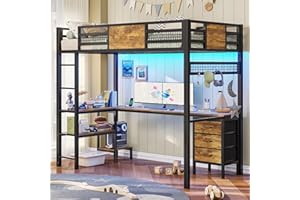 ADORNEVE Loft Bed Twin Size with L-Shaped Desk, LED Lights,Charging Station, Twin Metal Loft Bed Frame with Fabric Drawers & Shelve, 13.4" H Safety Guardrail, No Box Spring Needed, Rustic Brown