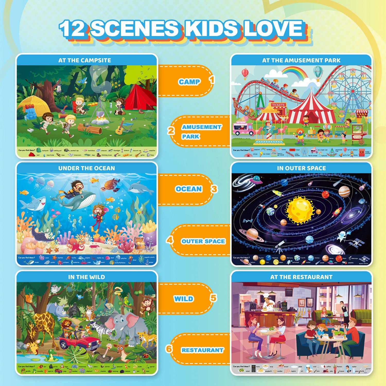 Reusable Preschool Learning Activities, Search and Find Cards with 4 Markers and 12 Themes Mats, Educational Toys for Kids Ages 4-6,3-8, Travel Games Gifts for Girls and Boys Ages 3 4 5 6